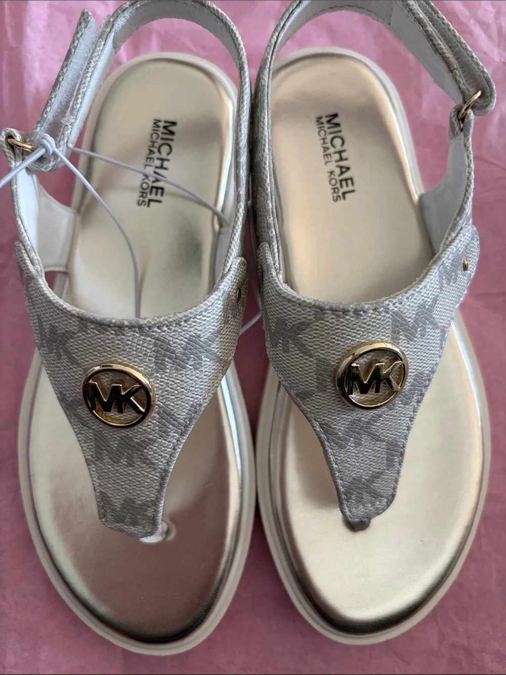 Michael Kors Gold Logo Silver-Tone Thong Sandals
